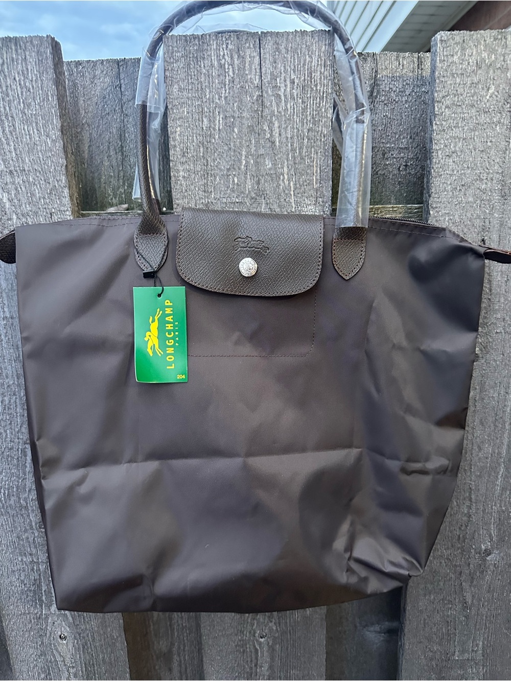 Longchamp Brown Le Pliage Large Tote Bag with Leather Trim
